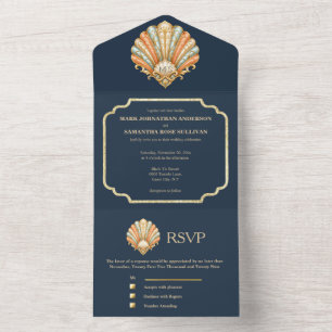 Navy Gold Muschel Hochzeitskarte Küsten Luxus All In One Einladung