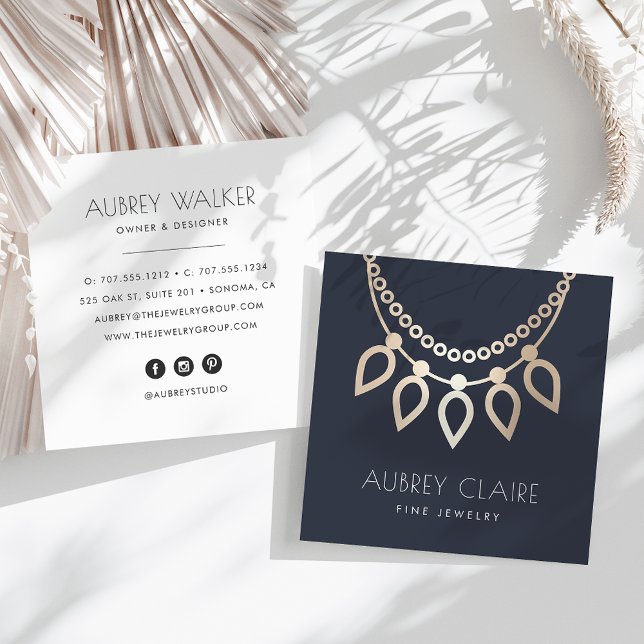 Navy & Gold Necklace Jeweler Logo Quadratische Visitenkarte (Von Creator hochgeladen)