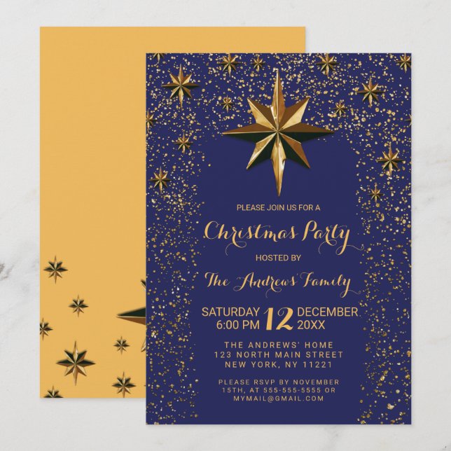 Navy Gold North Star Glitzer Confetti Weihnachten Einladung (Vorne/Hinten)