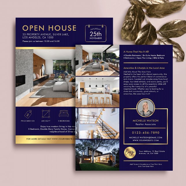 Navy & Gold Open House zum Verkauf Flyer mit Fotos (Elegant navy blue and gold effect open house marketing flyer with photos and custom text)