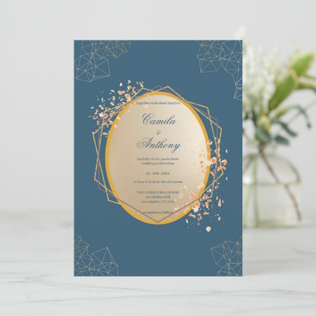Navy Gold Oval Floral Boho Hochzeit Einladung (Stehend Vorderseite)
