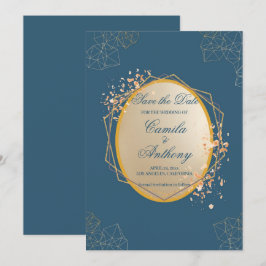 Navy Gold Oval Floral Boho Save the Date Einladung