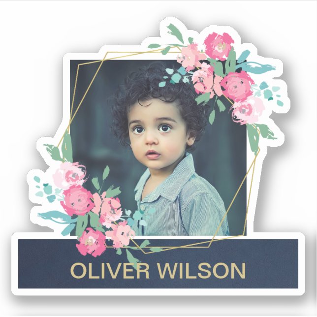 NAVY GOLD OVERLAY PINK BLUSH FLORAL WREATH FOTO AUFKLEBER (Vorderseite)