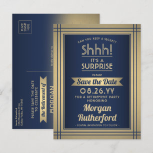 Navy-Gold-Party für Überraschungen - Save the Date Ankündigungspostkarte