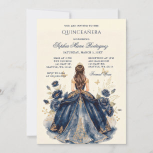 Navy Gold Prinzessin Floral Tiara Quinceañera Einladung