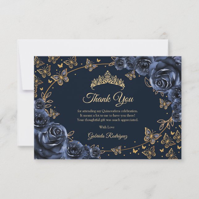 Navy Gold Quinceanera Dankeskarte (Vorderseite)