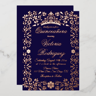 Navy Gold Quinceañera Elegantes Florales Folieneinladung