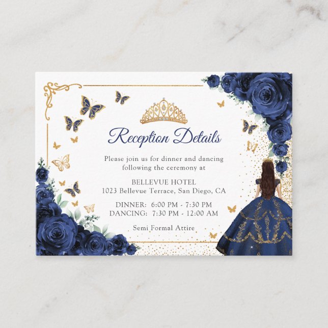 Navy Gold Quinceanera Reception Details Begleitkarte (Vorderseite)