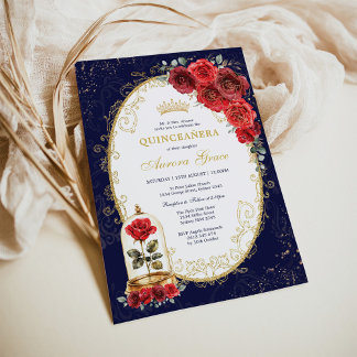 Navy Gold Quinceañera Verzauberte rote Rosen Party Einladung