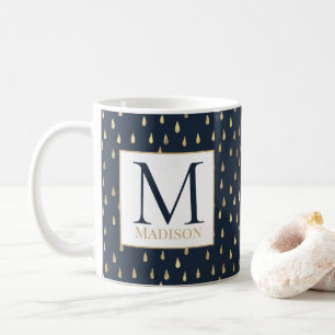 Navy Gold Raindrop Modern Trendy Monogram Kaffeetasse