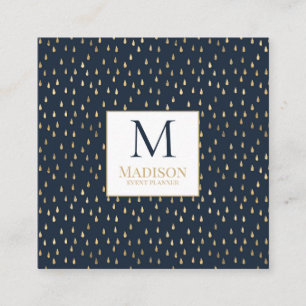 Navy Gold Raindrop Modern Trendy Monogram Quadratische Visitenkarte