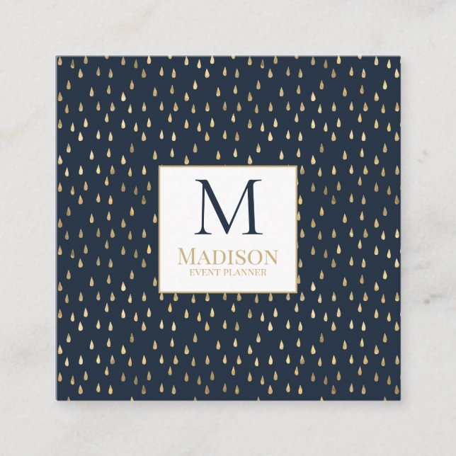 Navy Gold Raindrop Modern Trendy Monogram Quadratische Visitenkarte (Vorderseite)
