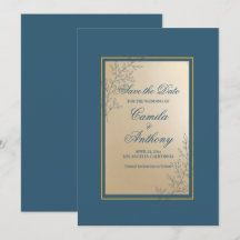 Navy Gold Rectangle Floral Boho Save the Date