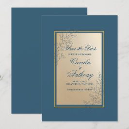 Navy Gold Rectangle Floral Boho Save the Date Einladung