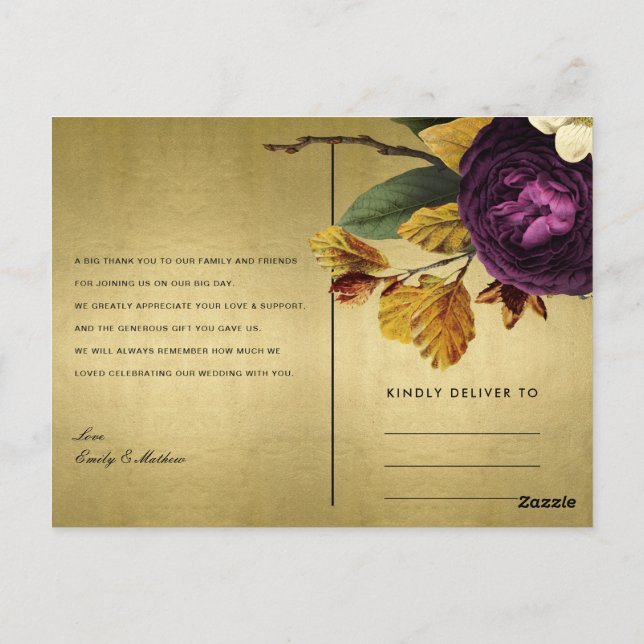NAVY GOLD RETRO BURGUNDY FLORAL WEDD DANKE POSTKARTE (Rückseite)