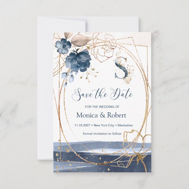 Navy & Gold Rose Save the Date (Vorderseite)