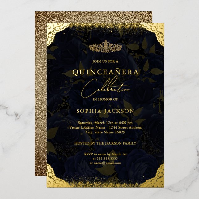 Navy Gold Rose Tiara Quinceanera Einladung (Vorderseite/Rückseite)
