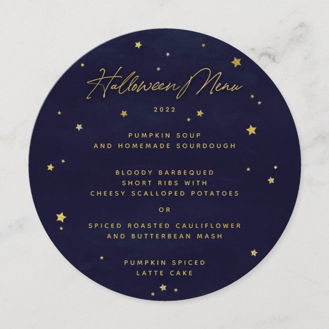 Navy/Gold Scattered Stars Square/Round Halloween Menükarte (Vorderseite)
