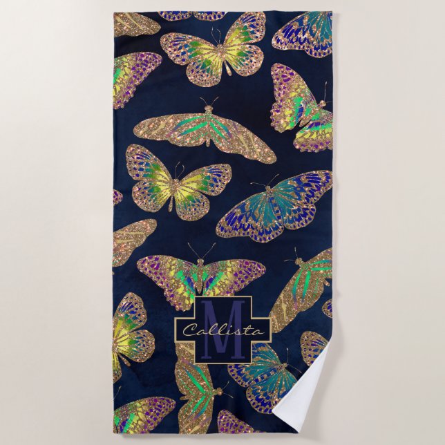 Navy-Gold-Schmetterlinge Glitzer-Aquarellfarbenmon Strandtuch (Vorderseite)