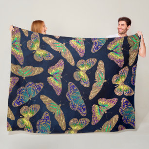 Navy-Gold-Schmetterlinge Glitzer-Aquarellmuster Fleecedecke