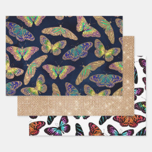Navy-Gold-Schmetterlinge Glitzer-Aquarellmuster Geschenkpapier Set