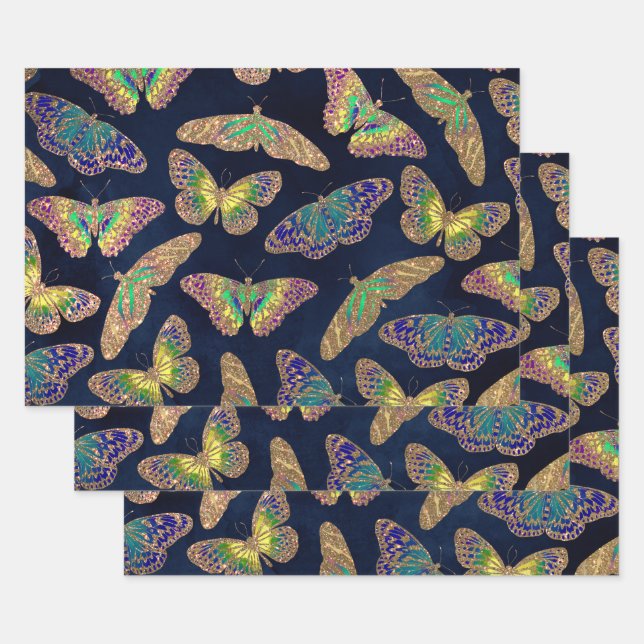 Navy-Gold-Schmetterlinge Glitzer-Aquarellmuster Geschenkpapier Set (Set)