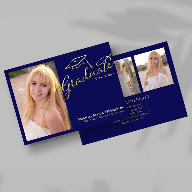 Navy Gold Script Multi Photo Graduation Party Invi Einladung (Navy blue and gold script graduation invitation with large portrait photo on the front.)