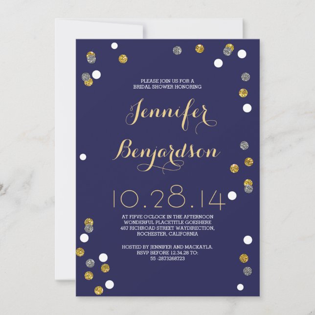 Navy Gold & Silver Confetti Brautparty Einladung (Vorderseite)