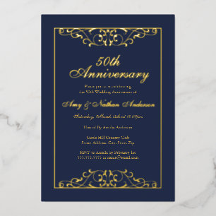 Navy Gold Swirl 50. Hochzeitstag Folieneinladung
