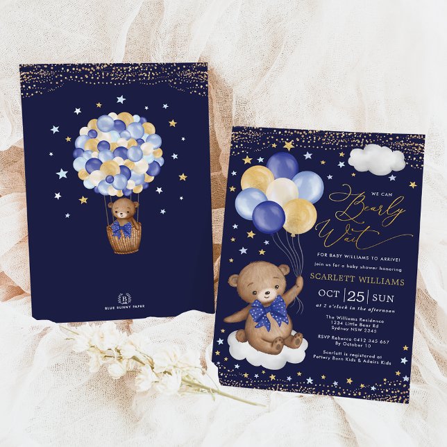 Navy Gold Teddy Bear Balloons Boy Baby Showdusche Einladung (Von Creator hochgeladen)