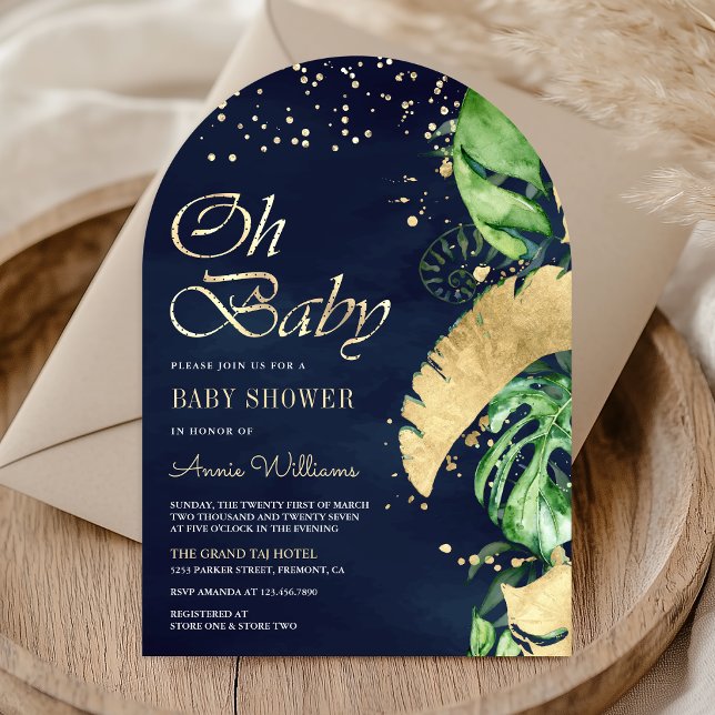 Navy Gold Tropical Monstera Palm Arch Baby Dusche Einladung (Von Creator hochgeladen)