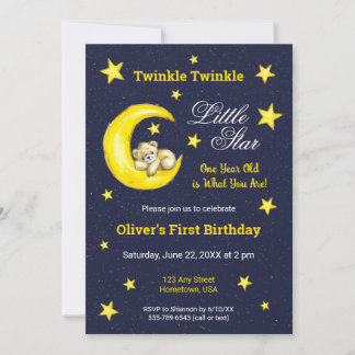 Navy Gold Twinkle Little Star Moon 1. Geburtstag Einladung