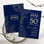 Navy Gold Überraschung 50. Geburtstag Einladung<br><div class="desc">Navy Gold Überraschung 50. Geburtstag Einladung. Minimalistisches modernes feminines Design mit botanischen Akzenten und Typografie-Script-Schriftart. Einfache florale Einladungskarte perfekt für eine stilvolle weibliche Überraschung am Tag.</div>