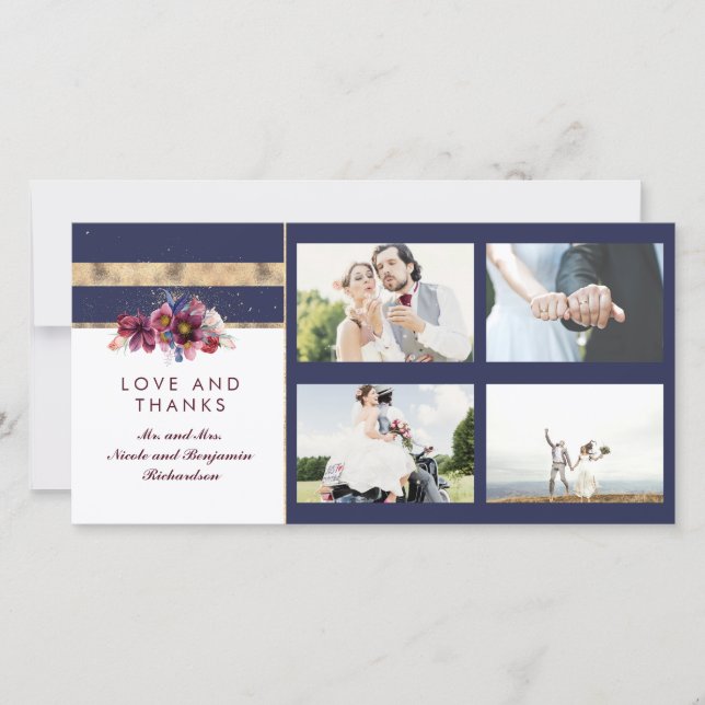 Navy Gold und Burgund Floral Wedding Vielen Dank Dankeskarte (Vorderseite)