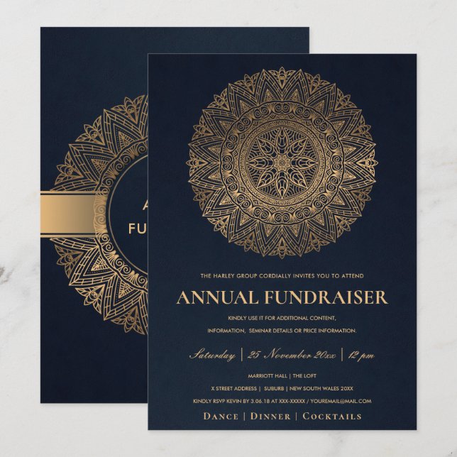 NAVY GOLD VERZIERT MANDALA CORPORATE PARTY EVENT EINLADUNG (Vorne/Hinten)
