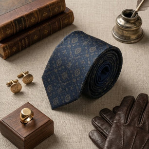 Navy Gold Verzierte Medaillon Foulard Krawatte