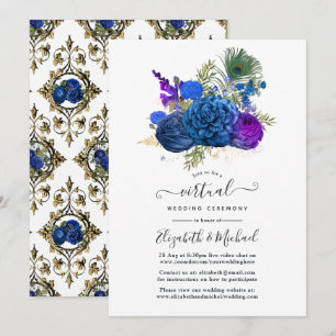 Navy & Gold Vintage Pfau Blumen Virtuelle Hochzeit Einladung