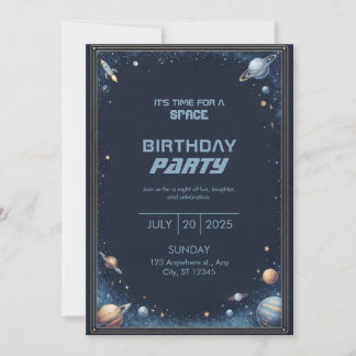 Navy Gold Watercolor Rocket Planet Border Birthday Einladung