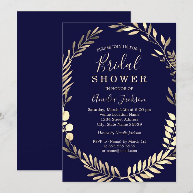 Navy Gold Watercolor Wreath Brautparty Einladung (Vorne/Hinten)