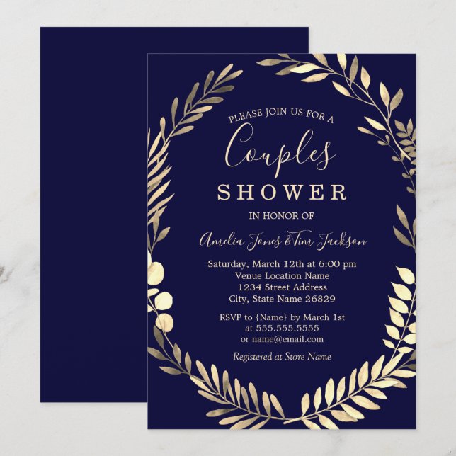 Navy Gold Watercolor Wreath Couples Dusche Einladung (Vorne/Hinten)