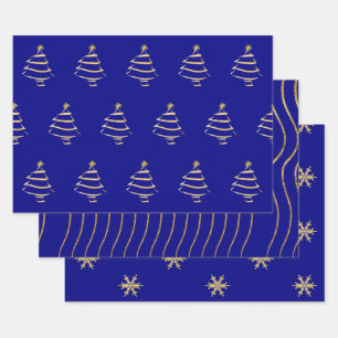 Navy Gold Weihnachtsbaum Snowflake Wavy Lines Geschenkpapier Set