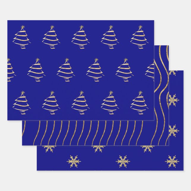Navy Gold Weihnachtsbaum Snowflake Wavy Lines Geschenkpapier Set (Set)