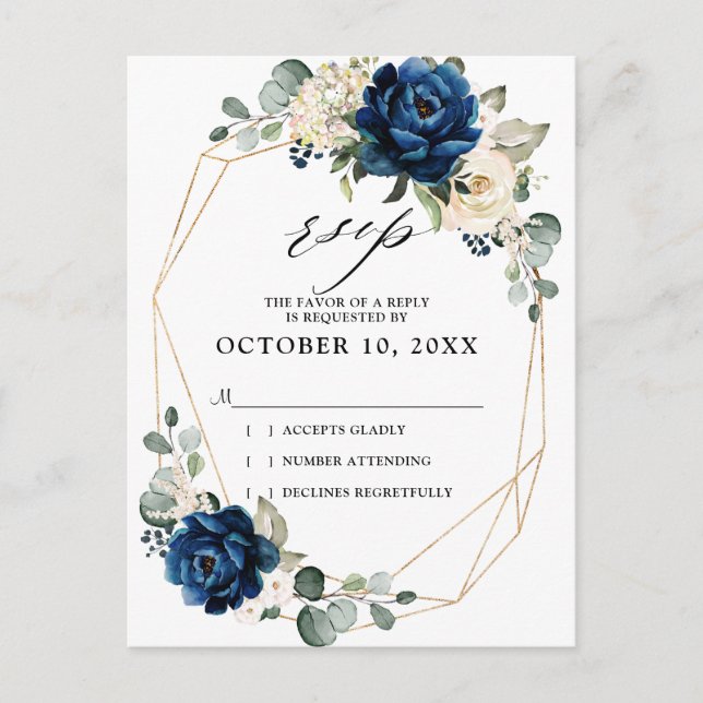 Navy Gold Weiße Champagner Elfenbein Rose Hochzeit Postkarte (Vorderseite)