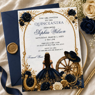 Navy Gold Western Horse Floral Charra Quinceañera Einladung
