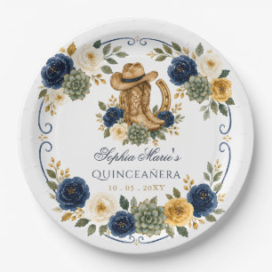Navy Gold Western Pferd Floral Charra Quinceañera Pappteller