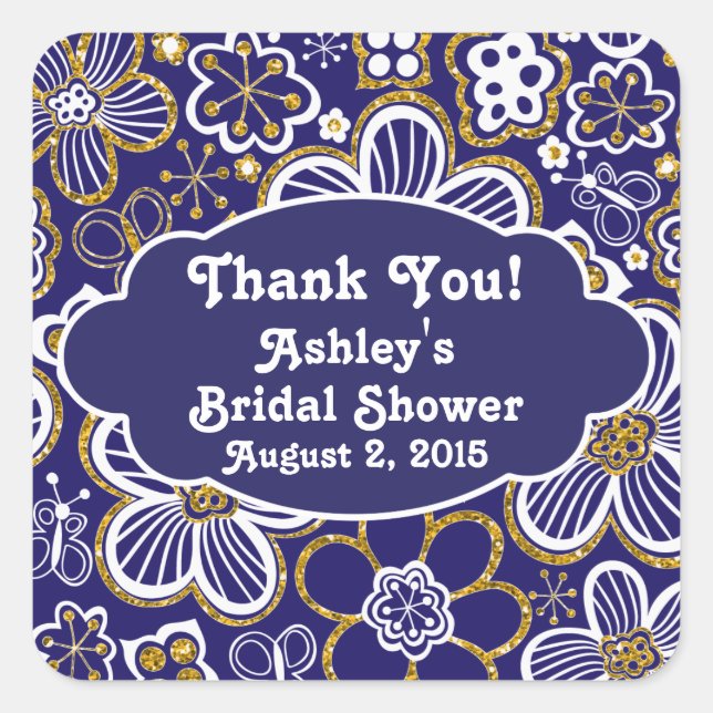 Navy Gold Whimsical Floral Danke Brautparty Quadratischer Aufkleber (Vorderseite)