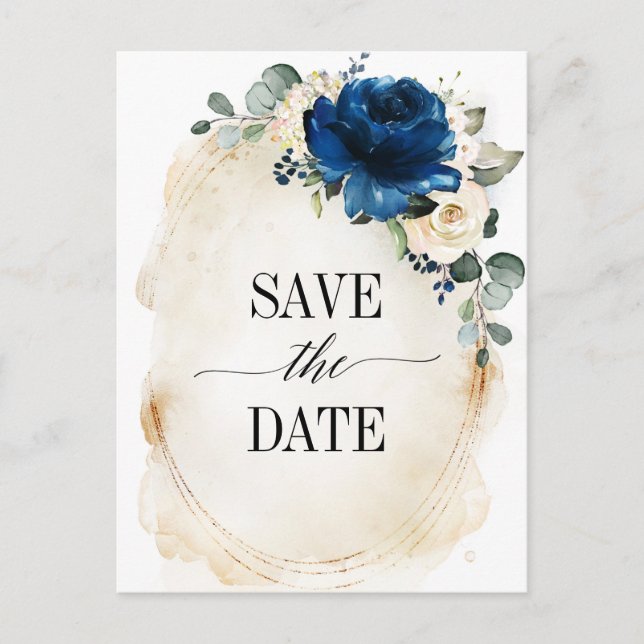 Navy Gold White Champagne Elfenbeinische Rose Save Postkarte (Vorderseite)