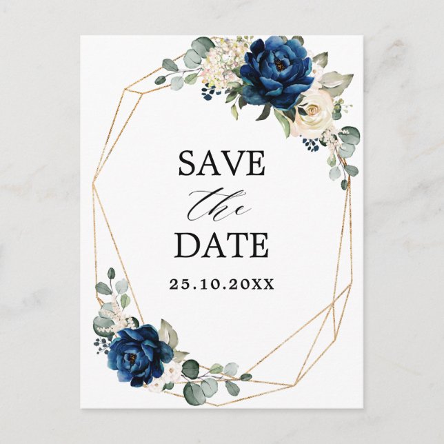 Navy Gold White Champagne Elfenbeinische Rose Save Postkarte (Vorderseite)
