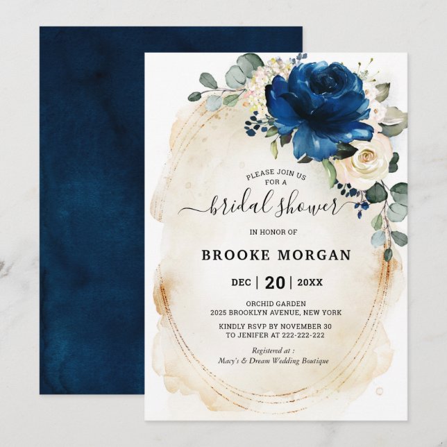 Navy Gold White Champagne Ivory Rose Brautparty Einladung (Vorne/Hinten)