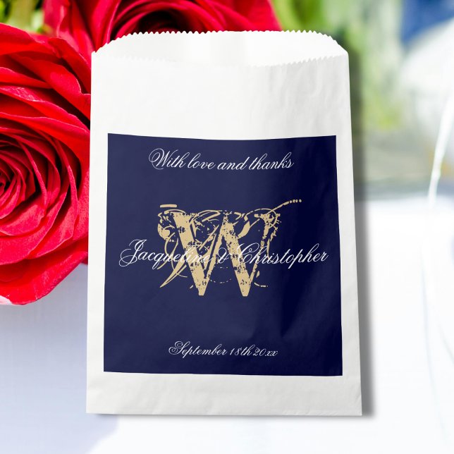 Navy Gold White Monogram +Namen Danke Hochzeit Geschenktütchen (Navy, Gold and White, Monogram plus Bride and Groom Names "With Love and Thanks" Wedding Favor Bag.)